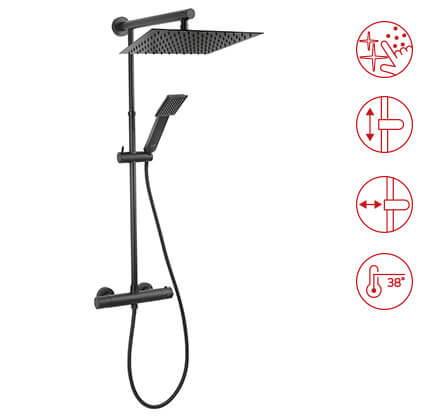 Trevi Square Black - rainfall shower system and thermostatic mixer